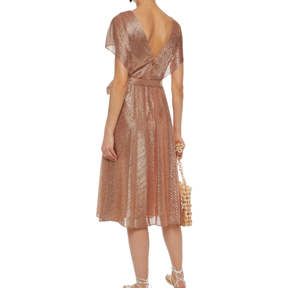 NWT $405 Alice + Olivia Darva Faux Wrap Midi Dress 6 | Rose Gold Lamé Metallic - Picture 6 of 16